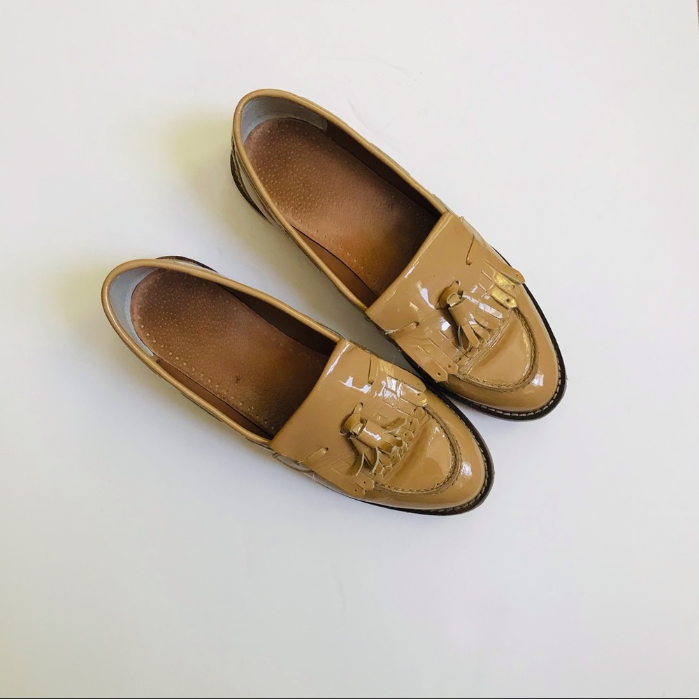 Beige Patent Leather Tassel Loafers Classic Preppy